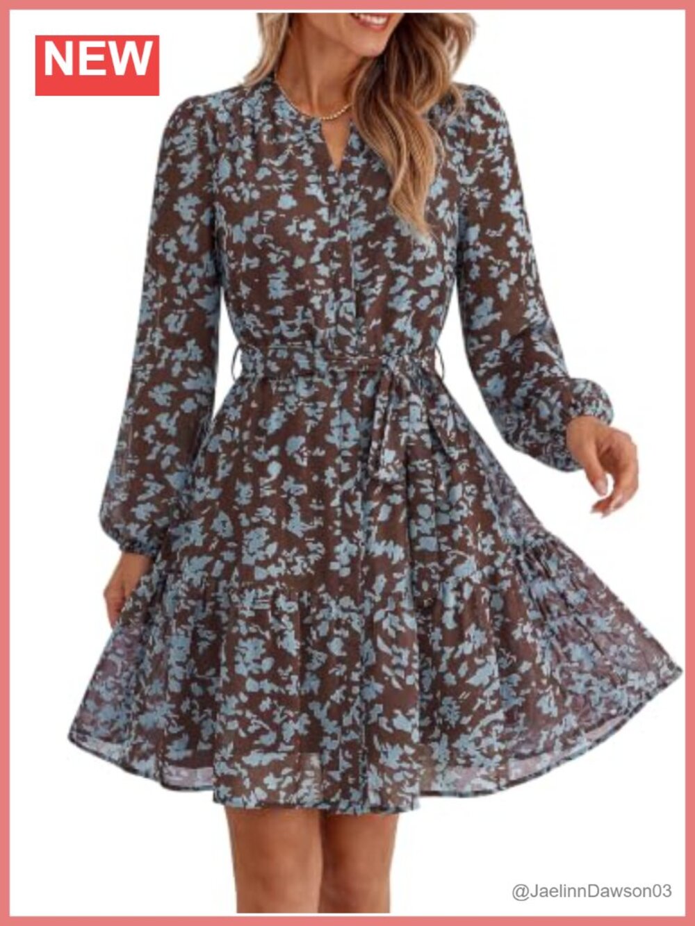 Chiffon Floral V Neck Long Sleeve Mini Dress with Belt